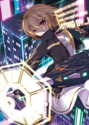 Rule 34 | 1girl, alternate weapon, black coat, black hat, black ribbon, blonde hair, braid, building, coat, commentary, contemporary, dress, energy cannon, english text, floating, german commentary, grin, hair ribbon, hat, holding, holding weapon, holographic interface, kirisame marisa, light particles, long hair, long sleeves, looking to the side, master spark, mechanical boots, medium dress, mini-hakkero, open clothes, open coat, revision, ribbon, side braid, smile, solo, star (symbol), tendou kaoru, touhou, unworn hat, unworn headwear, weapon, white dress, witch hat, yellow eyes