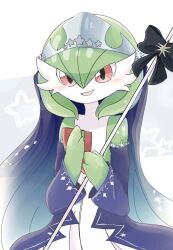 Rule 34 | 1girl, bare shoulders, black bow, blue dress, blush, blush stickers, bob cut, bow, clothed pokemon, colored skin, creatures (company), dress, female focus, flat chest, game freak, gardevoir, gardevoir (royal winter), gen 3 pokemon, green hair, green skin, grey headwear, hair between eyes, hands up, happy, highres, holding, holding staff, jpeg artifacts, long sleeves, looking at viewer, multicolored skin, nintendo, off-shoulder dress, off shoulder, open mouth, own hands together, pokemon, pokemon (creature), pokemon cafe remix, red eyes, short hair, smile, solo, staff, standing, star (symbol), suzu (pixiv 32232702), tiara, two-tone skin, upper body, veil, white skin