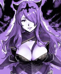 Rule 34 | 1girl, armor, black armor, breasts, camilla (fire emblem), cleavage, fire emblem, fire emblem fates, hair over one eye, large breasts, lipstick, looking at viewer, makeup, miss faves, monochrome, nintendo, purple eyes, purple hair, purple lips, solo, tiara, wavy hair