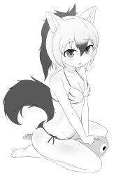 Rule 34 | 1girl, aardwolf (kemono friends), absurdres, animal ears, barefoot, bikini, blush, breasts, chis (js60216), commentary request, flying sweatdrops, halterneck, highres, kemono friends, kneeling, long hair, looking at viewer, medium breasts, navel, open mouth, ponytail, side-tie bikini bottom, solo, spot color, swimsuit, tail, v arms