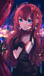Rule 34 | 1girl, absurdres, bad id, bad pixiv id, bare shoulders, black dress, black gloves, blue eyes, blush, breasts, commentary request, copyright request, curtains, dress, earrings, flower, gloves, hair between eyes, hair flower, hair ornament, hand on own chest, highres, huge filesize, ichinose shiki, jewelry, light particles, long hair, looking at viewer, medium breasts, night, open mouth, red hair, sidelocks, solo, wine (2148 wine)