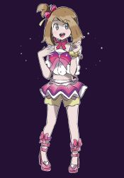 Rule 34 | 1girl, blue eyes, bow, brown hair, child, chocomiru, clenched hand, creatures (company), crop top, detached sleeves, earrings, female focus, fingernails, flat chest, full body, game freak, gen 3 pokemon, gen 6 pokemon, grey eyes, hair bow, hair ornament, hair ribbon, hand on own chest, hands up, happy, heart, high heels, highres, idol, jewelry, legs, long fingernails, looking at viewer, may (pokemon), may (pokemon oras), medium hair, mega stone, midriff, miniskirt, multicolored clothes, navel, neck, nintendo, no socks, official alternate costume, open mouth, pink bow, pink footwear, pink high heels, pink ribbon, pink tank top, pokemon, pokemon oras, ponytail, purple background, ribbon, short-sleeved shirt, short ponytail, short shorts, short sleeves, shorts, showgirl skirt, side bangs, side tail, simple background, skirt, smile, standing, tank top, two-tone footwear, two-tone shirt, two-tone shorts, wristband, yellow shorts