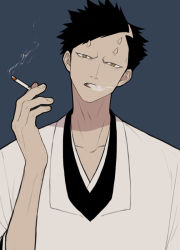 Rule 34 | 1boy, akon, bad id, bad pixiv id, black hair, bleach, blue background, cigarette, horns, male focus, open mouth, simple background, smoking, solo, ustaminuk, yellow eyes