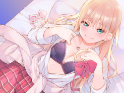 Rule 34 | 1girl, aqua eyes, blonde hair, bow, bra, breasts, cardigan, cardigan around waist, cleavage, closed mouth, clothes around waist, condom, condom wrapper, earrings, fuzuki fuuro, heart, heart necklace, jacket, jewelry, lace, lace-trimmed bra, lace trim, long hair, long sleeves, looking at viewer, lying, necklace, non-web source, on back, on bed, open clothes, open shirt, original, partially unbuttoned, plaid, plaid skirt, shirt, skirt, small breasts, smile, solo, stud earrings, sweat, tied jacket, underwear