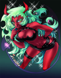 Rule 34 | 10s, 1girl, breasts, bun-o, colored skin, demon girl, demon tail, demon wings, female focus, gradient background, green eyes, green hair, horns, long hair, matching hair/eyes, panty &amp; stocking with garterbelt, red skin, scanty (psg), solo, tail, wings