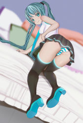 Rule 34 | aruman, ass, bed, blue eyes, blue hair, blush, from behind, hatsune miku, highres, long hair, looking back, panties, skirt, smile, striped clothes, striped panties, twintails, underwear, vocaloid