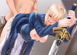 Rule 34 | 1boy, 1girl, ahoge, artoria pendragon (all), artoria pendragon (fate), bent over, blonde hair, blush, braid, breasts, breasts out, clothed sex, clothes lift, doggystyle, dress, dress lift, excalibur (fate/stay night), fate/stay night, fate (series), green eyes, hetero, long sword, nanahime, nipples, one eye closed, open mouth, panties, panty pull, planted, planted sword, planted weapon, saber (fate), sex, sex from behind, sidelocks, solo focus, standing, sword, tears, underwear, vaginal, weapon, white panties
