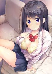 Rule 34 | 1girl, arm support, bad id, bad twitter id, black hair, black socks, blue eyes, blue skirt, blush, bow, bow bra, bowtie, bra, breasts, buttons, cleavage, closed mouth, collarbone, collared shirt, commentary request, couch, from above, hand up, highres, kneehighs, lace, lace-trimmed bra, lace trim, large breasts, long hair, long sleeves, looking at viewer, miniskirt, on couch, open clothes, open shirt, original, partially unbuttoned, pasdar, pleated skirt, red bow, red bowtie, school uniform, shirt, shirt tucked in, sidelocks, sitting, skirt, smile, socks, solo, tareme, thighs, underwear, white shirt, yellow bra