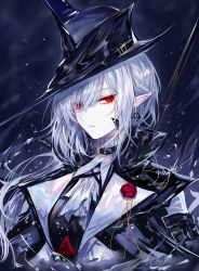 Rule 34 | 1girl, absurdres, arknights, artist name, ascot, closed mouth, coat, earrings, expressionless, fedora, gladiia (arknights), glint, hair over one eye, hat, highres, jewelry, looking at viewer, medium hair, pale skin, pointy ears, red eyes, sheya, signature, silver hair, solo, upper body, white ascot