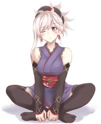 Rule 34 | 1girl, bare shoulders, black thighhighs, blush, breasts, commentary request, detached sleeves, earrings, fate/grand order, fate (series), fuu (fuore), hair ornament, head tilt, indian style, japanese clothes, jewelry, kimono, large breasts, looking at viewer, miyamoto musashi (fate), miyamoto musashi (first ascension) (fate), no shoes, obi, one eye closed, pink hair, purple eyes, purple kimono, sash, short kimono, simple background, sitting, solo, tabi, thighhighs, white background