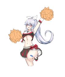 Rule 34 | 1girl, :d, absurdres, arm up, armpits, bare shoulders, black shirt, black skirt, breasts, bright pupils, cheerleader, closers, crop top, cropped legs, floating hair, frilled skirt, frills, hair ribbon, highres, holding, holding pom poms, laei, large breasts, leg up, long hair, looking at viewer, midriff, miniskirt, mirae (closers), navel, open mouth, pleated skirt, pom pom (cheerleading), pom poms, ponytail, red eyes, revealing clothes, ribbon, shirt, shoes, simple background, sketch, skirt, sleeveless, sleeveless shirt, smile, sneakers, socks, solo, stomach, underboob, very long hair, white background, white hair