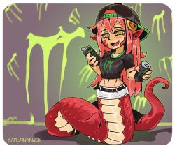 Rule 34 | 1girl, :d, artist name, backwards hat, baseball cap, belt, black shirt, blush, border, breasts, can, commission, energy drink, fang, full body, hair between eyes, hair ornament, hairclip, hat, highres, holding, holding can, lamia, long hair, looking at viewer, miia (monster musume), miniskirt, monster energy, monster girl, monster musume no iru nichijou, name connection, navel, object namesake, open mouth, pointy ears, ramenwarwok, red hair, scales, shirt, skirt, slit pupils, smile, solo, t-shirt, tail, white border, yellow eyes