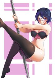 Rule 34 | 1girl, :q, artist name, black bra, black thighhighs, blue hair, bottomless, bow, bow bra, bra, breasts, commentary, english commentary, glasses, hakamichi shizune, highres, katawa shoujo, kuroeart, large breasts, looking at viewer, naughty face, pole, pole dancing, purple eyes, raised eyebrows, rectangular eyewear, semi-rimless eyewear, short hair, signature, simple background, smile, solo, strapless, strapless bra, stripper pole, thighhighs, tongue, tongue out, under-rim eyewear, underwear, underwear only