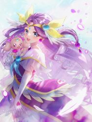 Rule 34 | 1girl, :d, bare shoulders, blue eyes, commentary request, cure earth, dress, earrings, elbow gloves, eyelashes, fuurin asumi, gloves, hair ornament, happy, healin&#039; good precure, highres, jewelry, latte (precure), long hair, looking at viewer, magical girl, minccino7, open mouth, precure, purple dress, purple hair, simple background, smile, solo, standing