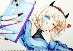 Rule 34 | 1girl, bare shoulders, blonde hair, blue eyes, blue sweater, cellphone, commentary, demon horns, heart, highres, holding, holding phone, horns, jewelry, long sleeves, marker (medium), mem-cho, multicolored hair, multicolored nails, multiple rings, nail polish, no pupils, off-shoulder sweater, off shoulder, one eye closed, oshi no ko, phone, ring, roots (hair), selfie, short hair, simple background, smartphone, smartphone case, smile, solo, sweater, traditional media, upper body, urumashi-03301980, w, white background, wings