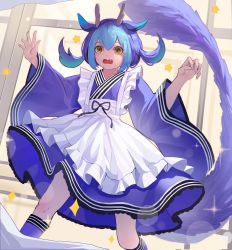 Rule 34 | 1girl, absurdres, animal ears, apron, blue dress, dragon girl, dress, duel monster, fang, hands up, highres, horns, laundry, laundry dragonmaid, mamayu, multicolored hair, open mouth, orange eyes, solo, tail, two-tone hair, wide sleeves, yu-gi-oh!