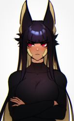 1girl absurdres anput_(nsfwolf) black_hair blunt_bangs breasts crossed_arms dark-skinned_female dark_skin highres large_breasts nsfwolf original red_eyes solo upper_body