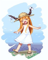 Rule 34 | 1girl, :d, ^ ^, bare arms, bare shoulders, blonde hair, blush, bow, brown footwear, brown hat, closed eyes, commentary request, day, dress, facing viewer, fangs, hat, head tilt, horn bow, horn ornament, horns, ibuki suika, kumamoto (bbtonhk2), long hair, lowres, oni, oni horns, open mouth, outdoors, pixel art, sandals, sleeveless, sleeveless dress, smile, solo, straw hat, sundress, touhou, very long hair, walking, white bow, white dress, wind chime