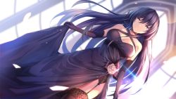 Rule 34 | 1girl, black dress, black gloves, black hair, black thighhighs, breasts, choker, cleavage, closed mouth, collarbone, criss-cross halter, date a live, dress, dutch angle, elbow gloves, feng mouren, floating hair, from below, garter belt, gloves, hair between eyes, halterneck, highres, large breasts, long dress, long hair, looking at viewer, side slit, skirt hold, sleeveless, sleeveless dress, solo, standing, thighhighs, very long hair, yatogami tooka