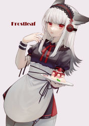 Rule 34 | 1girl, absurdres, animal ears, apron, arknights, black dress, black legwear, black nails, cake, character name, collared dress, commentary request, cowboy shot, dessert, dress, dutch angle, eating, food, fox ears, frostleaf (arknights), fruit, headphones, highres, holding, holding plate, long hair, looking at viewer, maid apron, maid headdress, miike (992058), mint, nail polish, neck ribbon, pink background, plate, puffy short sleeves, puffy sleeves, red eyes, red ribbon, ribbon, short sleeves, sidelocks, simple background, solo, strawberry, strawberry shortcake, tongue, tongue out, upper body, waist apron, whipped cream, white hair