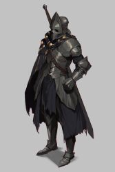 Rule 34 | 1other, ambiguous gender, armor, armored boots, boots, breastplate, from side, full armor, gauntlets, grey background, helm, helmet, highres, jiro (ninetysix), knight, original, shoulder armor, simple background, solo, standing, sword, torn clothes, weapon, weapon on back