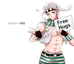 Rule 34 | 1boy, caesar anthonio zeppeli, feather hair ornament, feathers, hair ornament, headband, holding, holding sign, jojo no kimyou na bouken, male focus, official alternate costume, sign, solo, t7senzo, translation request, vest, white hair