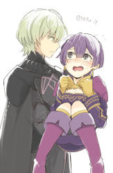 Rule 34 | 1boy, 1girl, armor, bernadetta von varley, blush, breasts, byleth (fire emblem), byleth (male) (fire emblem), carrying, cleavage, closed mouth, dress, earrings, fire emblem, fire emblem: three houses, from side, gloves, green eyes, green hair, grey eyes, jewelry, nintendo, open mouth, princess carry, purple hair, short hair, simple background, tefutene, twitter username, white background, yellow gloves