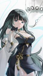 Rule 34 | 1girl, absurdres, baizhi (wuthering waves), bare shoulders, black dress, black gloves, black hair, blunt bangs, breasts, cleavage, collar, commentary request, cowboy shot, detached sleeves, dress, gloves, green eyes, hair intakes, hand up, highres, huge breasts, long hair, looking at viewer, multicolored hair, parted lips, partially fingerless gloves, see-through, see-through cleavage, side slit, sidelocks, standing, streaked hair, tacet mark (wuthering waves), takamatu hajime, very long hair, white background, white collar, white sleeves, wuthering waves, you&#039;tan (wuthering waves)