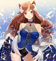 Rule 34 | 1girl, absurdres, animal ears, asame21, black leotard, blue dress, breasts, clothes lift, detached sleeves, dress, dress lift, eyebrows hidden by hair, feathers, flower, halterneck, hazumi aileen, highres, indie virtual youtuber, leaning to the side, leotard, lion ears, lion girl, long hair, low wings, medium breasts, purple flower, purple rose, red eyes, rose, second-party source, smile, solo, very long hair, virtual youtuber, wings