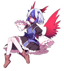 Rule 34 | 1girl, ankle boots, bing zizi, bird wings, black skirt, blue bow, blue hair, blush, boots, bow, brown footwear, closed mouth, frilled skirt, frills, full body, hand up, head wings, highres, horns, invisible chair, knees together feet apart, long sleeves, looking at viewer, multicolored hair, puffy sleeves, red eyes, red wings, ribbon-trimmed sleeves, ribbon trim, short hair, single head wing, sitting, skirt, slit pupils, smile, solo, tokiko (touhou), touhou, transparent background, two-tone hair, white hair, wide sleeves, wing collar, wings