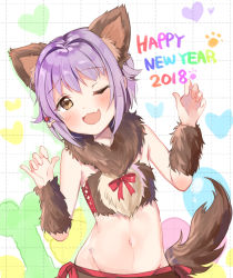 Rule 34 | 1girl, 2018, ;3, ;d, animal costume, animal ears, arm warmers, blush, bone, bone hair ornament, chocho (homelessfox), commentary, dog ears, dog tail, english text, fang, groin, hair ornament, hairclip, happy new year, idolmaster, idolmaster cinderella girls, koshimizu sachiko, looking at viewer, midriff, navel, new year, one eye closed, open mouth, paw print, purple hair, short hair, smile, solo, star (symbol), stomach, strapless, tail, tube top, upper body, yellow eyes