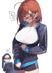 Rule 34 | 2girls, 92m, absurdres, ahoge, black jacket, black shorts, blue eyes, blue hair, blush, bra visible through clothes, bralines, breast envy, breasts, closed mouth, commentary request, dateko (92m), glasses, highres, jacket, kinshi no ane (92m), large breasts, long hair, looking at another, multiple girls, original, ponytail, red-framed eyewear, red eyes, red hair, round eyewear, shirt, short hair, shorts, simple background, track jacket, translated, white background, white shirt, zipper