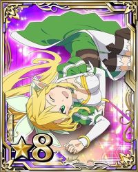 Rule 34 | 10s, 1girl, blonde hair, bracelet, breasts, card (medium), cleavage, green eyes, jewelry, leafa, long hair, looking at viewer, lying, medium breasts, on side, one eye closed, open mouth, ponytail, shorts, solo, star (symbol), sword art online, thighhighs
