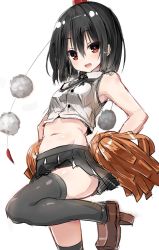Rule 34 | 1girl, adapted costume, alternate costume, black hair, black thighhighs, blouse, bow, cheerleader, colorized, geta, greatmosu, hair between eyes, hands on own hips, hat, highres, looking at viewer, md5 mismatch, midriff, navel, open mouth, pom pom (cheerleading), pom pom (clothes), red eyes, resized, shameimaru aya, shirt, short hair, simple background, sketch, skirt, sleeveless, smile, solo, star-shaped pupils, star (symbol), string, symbol-shaped pupils, tengu-geta, thighhighs, tokin hat, touhou, white background, white shirt