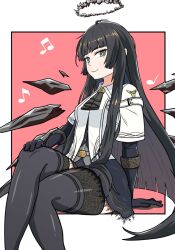 Rule 34 | 1girl, antenna hair, arknights, arm support, ascot, beamed eighth notes, belt, belt buckle, black ascot, black eyes, black gloves, black hair, black halo, black skirt, black thighhighs, black wings, blunt bangs, border, breasts, broken halo, buckle, bustier, buttons, closed mouth, collared jacket, commentary request, crossed legs, dark halo, detached wings, eighth note, energy wings, feet out of frame, from side, gloves, grey belt, grey shirt, hair flowing over, halo, hand on own knee, hand rest, highres, hime cut, jacket, knees, lace, lace-trimmed skirt, lace trim, layered sleeves, long hair, long sleeves, looking at viewer, looking to the side, miniskirt, mole, mole under eye, musical note, pink background, quarter note, shirt, short-sleeved jacket, short over long sleeves, short sleeves, sidelocks, simple background, sitting, skirt, small breasts, smile, solo, straight hair, strap, thighhighs, thighs, u5 oekaki, very long hair, virtuosa (arknights), white border, white jacket, wide sleeves, wing collar, wings, yellow pupils