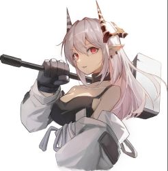 Rule 34 | 1girl, arknights, bare shoulders, black choker, breasts, chinese commentary, choker, collarbone, commentary request, dabaijiang memeda, gloves, grey gloves, hair between eyes, hammer, holding, holding hammer, holding weapon, horns, large breasts, long hair, looking at viewer, mudrock (arknights), mudrock (elite ii) (arknights), off shoulder, over shoulder, parted lips, pointy ears, red eyes, silver hair, simple background, smile, solo, upper body, weapon, weapon over shoulder, white background