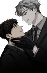 Rule 34 | 2boys, black gloves, black necktie, black suit, brown hair, eye contact, formal, gloves, grey hair, hair between eyes, hand on another&#039;s neck, highres, ilay riegrow, jeong taeui, looking at another, male focus, multiple boys, necktie, nnn 0x0, parted lips, passion (manhwa), short hair, simple background, smile, suit, teeth, upper body, v-shaped eyebrows, white background, yaoi