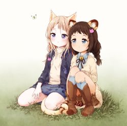 Rule 34 | 2girls, animal ear fluff, animal ears, blue eyes, blue jacket, blue shirt, blue skirt, blue socks, boots, braid, brown cardigan, brown footwear, brown hair, brown shorts, bug, butterfly, cardigan, cat ears, cat tail, hair ornament, hairclip, highres, insect, intertwined tails, jacket, knee boots, kneehighs, kreona, long hair, low twintails, multiple girls, original, shirt, shorts, skirt, socks, sweater, tail, thighs, tiger ears, tiger tail, twin braids, twintails, white sweater