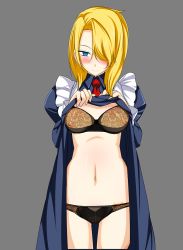 Rule 34 | artist request, black panties, blonde hair, blue eyes, blush, bra, character request, clothes lift, game cg, highres, maid, navel, panties, skirt, skirt lift, source request, tagme, underwear
