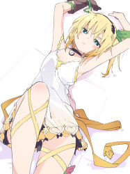 Rule 34 | 1girl, armpits, black choker, blonde hair, blush, brown gloves, choker, closed mouth, collarbone, dress, edna (tales), gloves, green eyes, green ribbon, hair ribbon, ixy, looking at viewer, lying, on back, ribbon, short hair, side ponytail, single glove, solo, tales of (series), tales of zestiria, white dress