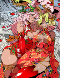 2girls animal_ears blonde_hair blue_eyes breasts breasts_apart cleavage closed_mouth cowboy_shot dark-skinned_female dark_skin final_fantasy final_fantasy_xiv flower gradient_hair green_eyes hair_between_eyes hair_flower hair_ornament heterochromia highres japanese_clothes kafun long_hair looking_at_viewer mole mole_under_eye mole_under_mouth multicolored_eyes multicolored_hair multiple_girls navel open_mouth orange_eyes pink_hair rabbit_ears short_hair skindentation thigh_strap two-tone_hair viera warrior_of_light_(ff14)