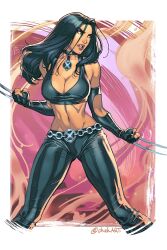 Rule 34 | black gloves, black hair, black leggings, black pants, breasts, chuck pires, claw (weapon), claws, cleavage, crop top, fingerless gloves, gloves, green eyes, highres, jewelry, large breasts, laura kinney, leather, leather pants, leggings, long hair, looking to the side, loose hair strand, marvel, midriff, narrow waist, navel, necklace, pants, sports bra, superhero costume, tight clothes, tight pants, weapon, western comics (style), x-23, x-men