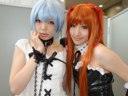 Rule 34 | 2girls, alternate costume, asian, ayanami rei, ayanami rei (cosplay), bare shoulders, black gloves, blue eyes, blue hair, breasts, bustier, collar, color contacts, cosplay, elbow gloves, frills, gloves, gothic fashion, hair ribbon, indoors, lace, leash, lingerie, long hair, looking at viewer, makeup, mascara, multiple girls, namada, neon genesis evangelion, orange hair, photo (medium), red eyes, ribbon, saya (cosplayer), short hair, small breasts, smile, souryuu asuka langley, souryuu asuka langley (cosplay), standing, twintails, underwear