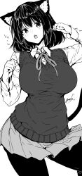 Rule 34 | 1girl, :o, animal ear fluff, animal ears, blush, breasts, cat ears, cat tail, greyscale, highres, kemonomimi mode, large breasts, long sleeves, looking at viewer, mokufuu, monochrome, neck ribbon, original, pantyhose, pleated skirt, ribbon, school uniform, shirt, short hair, signature, simple background, skirt, solo, tail, teeth, upper teeth only, vest, white background
