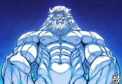 Rule 34 | 1boy, abs, aura, bara, bare pectorals, beard, blue sclera, colored sclera, completely nude, facial hair, fate/grand order, fate (series), from below, glowing, glowing eyes, gradient background, grin, hair intakes, highres, jamrolypoly, large pectorals, long hair, male focus, manly, muscular, navel, nipples, nude, pale skin, pectorals, short hair, smile, solo, upper body, veins, white hair, yellow eyes, zeus (fate)