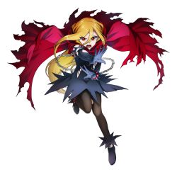 Rule 34 | 1girl, artist request, belt, black background, blonde hair, boots, breasts, cape, chain, detached sleeves, evileye (overlord), fang, gloves, hair between eyes, hood, lock, long sleeves, official art, overlord (maruyama), red eyes, shadow, simple background, sitting, skirt, small breasts, solo