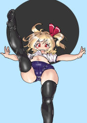 Rule 34 | 1girl, black thighhighs, blonde hair, blue background, blush stickers, buruma, fangs, from below, looking at viewer, mersoleil03, navel, open mouth, red eyes, rumia, shirt, short sleeves, side ponytail, smile, soles, solo, teeth, thighhighs, thighs, tongue, touhou, upper teeth only, white shirt