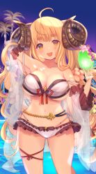 Rule 34 | 1girl, ahoge, anila (granblue fantasy), anila (summer) (granblue fantasy), bare shoulders, bikini, blonde hair, blunt bangs, blush, breasts, collarbone, commentary request, cup, draph, drink, glass, granblue fantasy, highres, holding, holding cup, horns, large breasts, long hair, looking at viewer, marekamico, navel, open mouth, sheep horns, smile, solo, standing, swimsuit, thick eyebrows, white bikini, yellow eyes