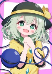 Rule 34 | 1girl, blush, frilled shirt collar, frills, g4ku, green eyes, green hair, halftone, hands up, heart, heart-shaped pupils, heart in eye, heart of string, highres, komeiji koishi, looking at viewer, medium hair, open mouth, own hands together, shirt, simple background, sleeves past elbows, solo, symbol-shaped pupils, symbol in eye, third eye, touhou, upper body, white background, yellow shirt