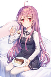 Rule 34 | 1girl, ahoge, bed, black skirt, blush, brown hair, buttons, cake, cake slice, closed mouth, collared shirt, commission, dress, food, fork, hair between eyes, hand up, holding, holding fork, holding plate, long hair, long sleeves, looking at viewer, miniskirt, on bed, original, pillow, pinafore dress, plate, pleated skirt, red eyes, roang, shirt, sidelocks, sitting, skirt, sleeveless dress, solo, thighhighs, very long hair, white shirt, white thighhighs, zettai ryouiki